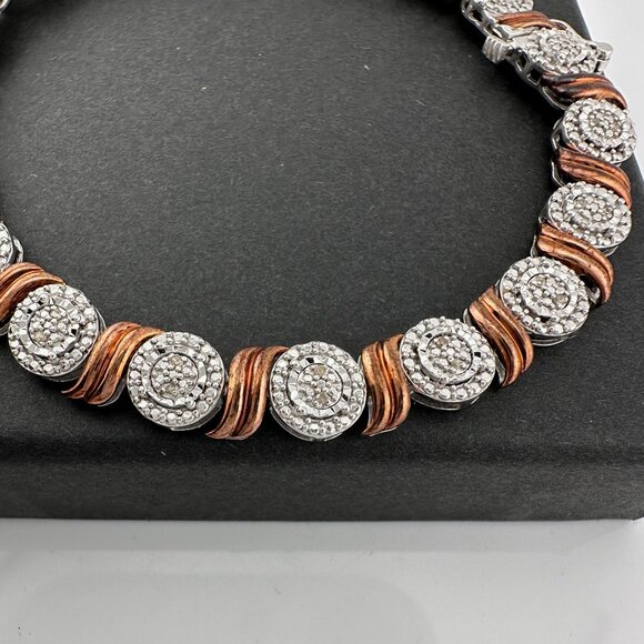 Beautiful Rose Gold Overlaying Sterling Silver Diamond Bracelet - Picture 2 of 14